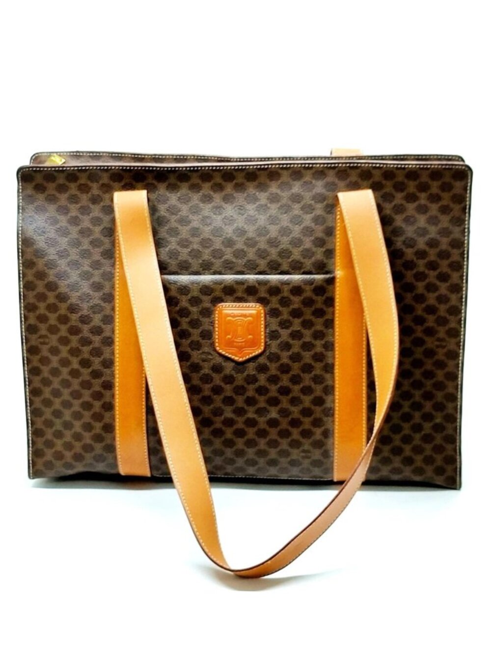 Authentic Celine Macadam Tote Bag Brown PVC Tan Leather Shoulder Bag Vintage - Picture 2 of 16
